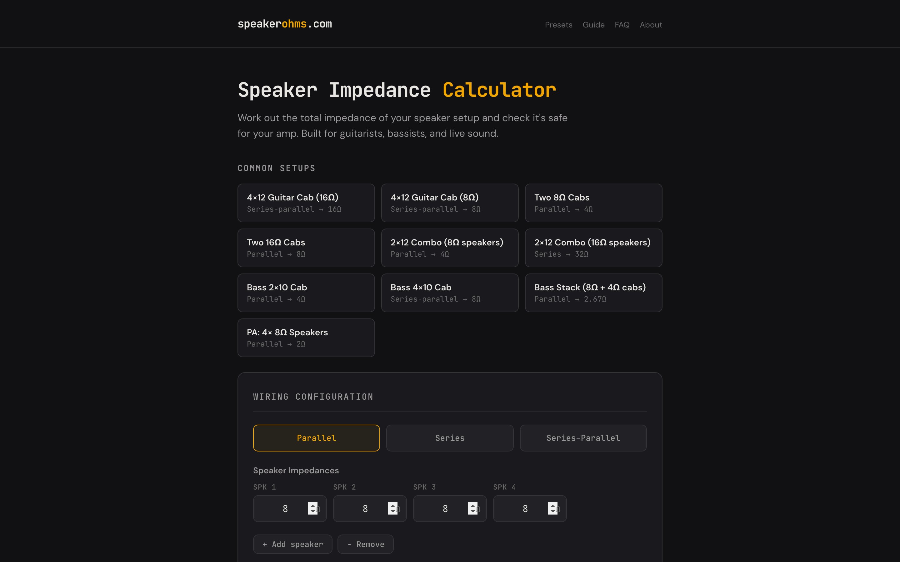 The SpeakerOhms.com homepage and impedance calculator